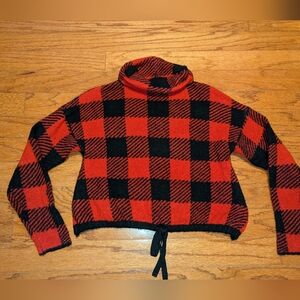 Cropped red and black buffalo plaid sweater - turtleneck - small - drawstring